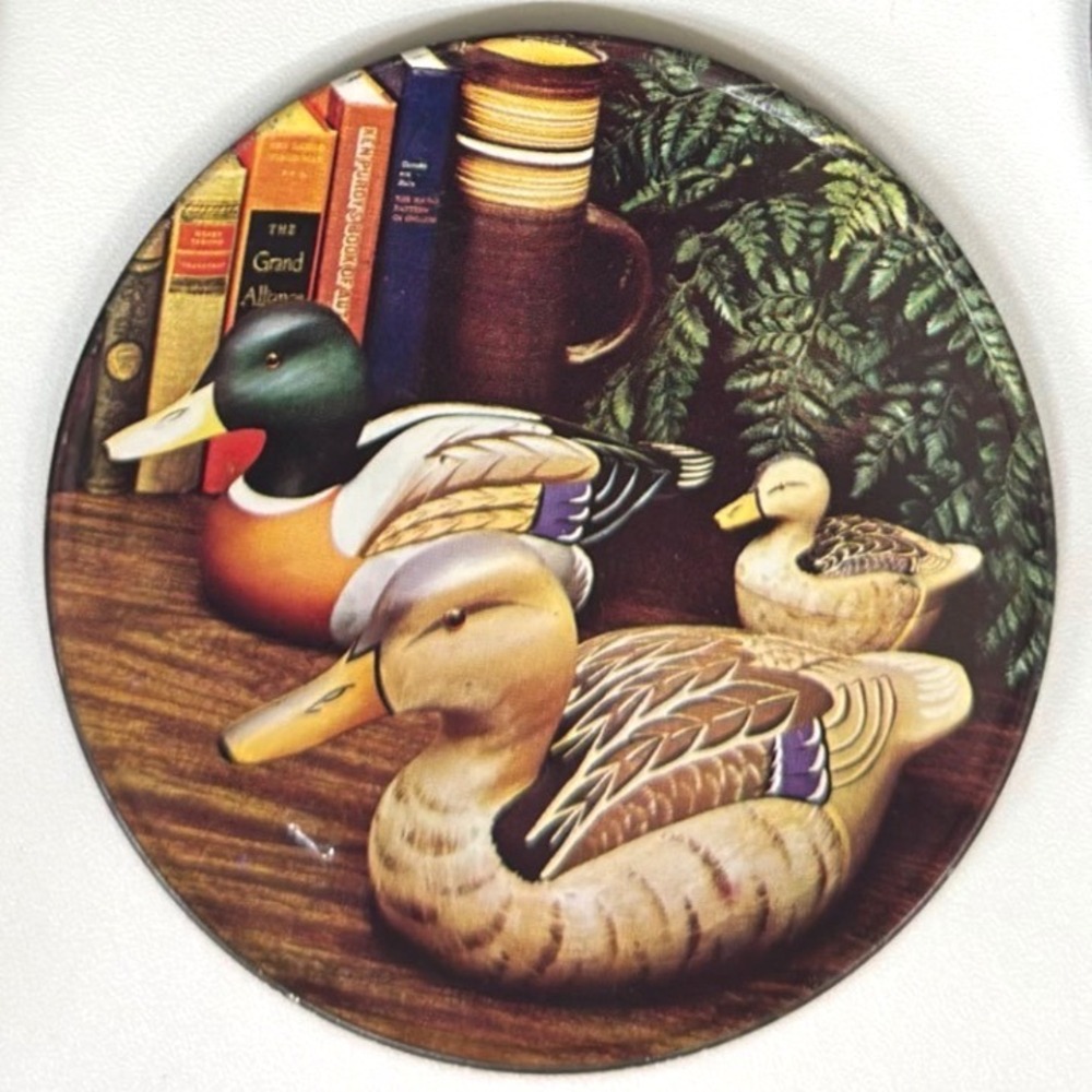 Vintage 1983 Mallard Duck Coaster Set with Tin 5pc Cork Backed Hong Kong Rustic